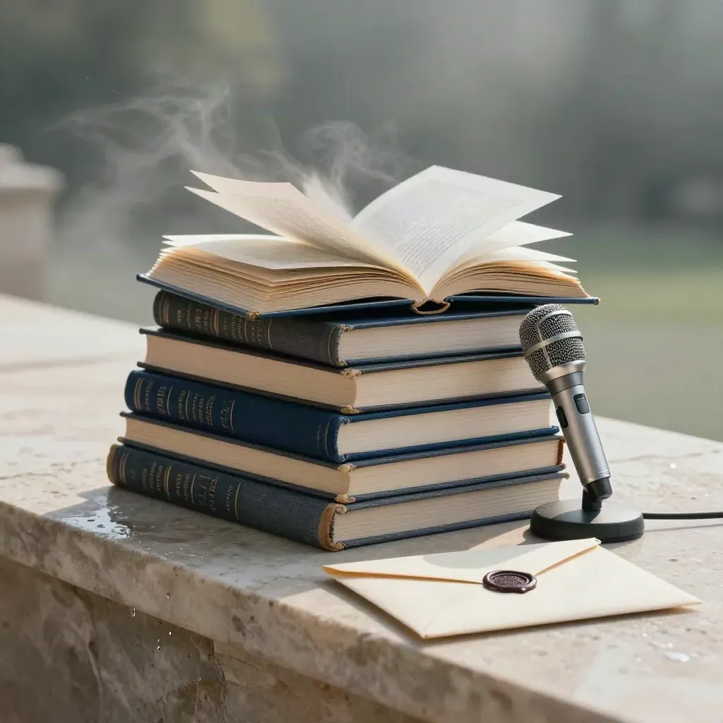 Literary journals, open anthology, microphone, and submission envelope on rain-dark stone.