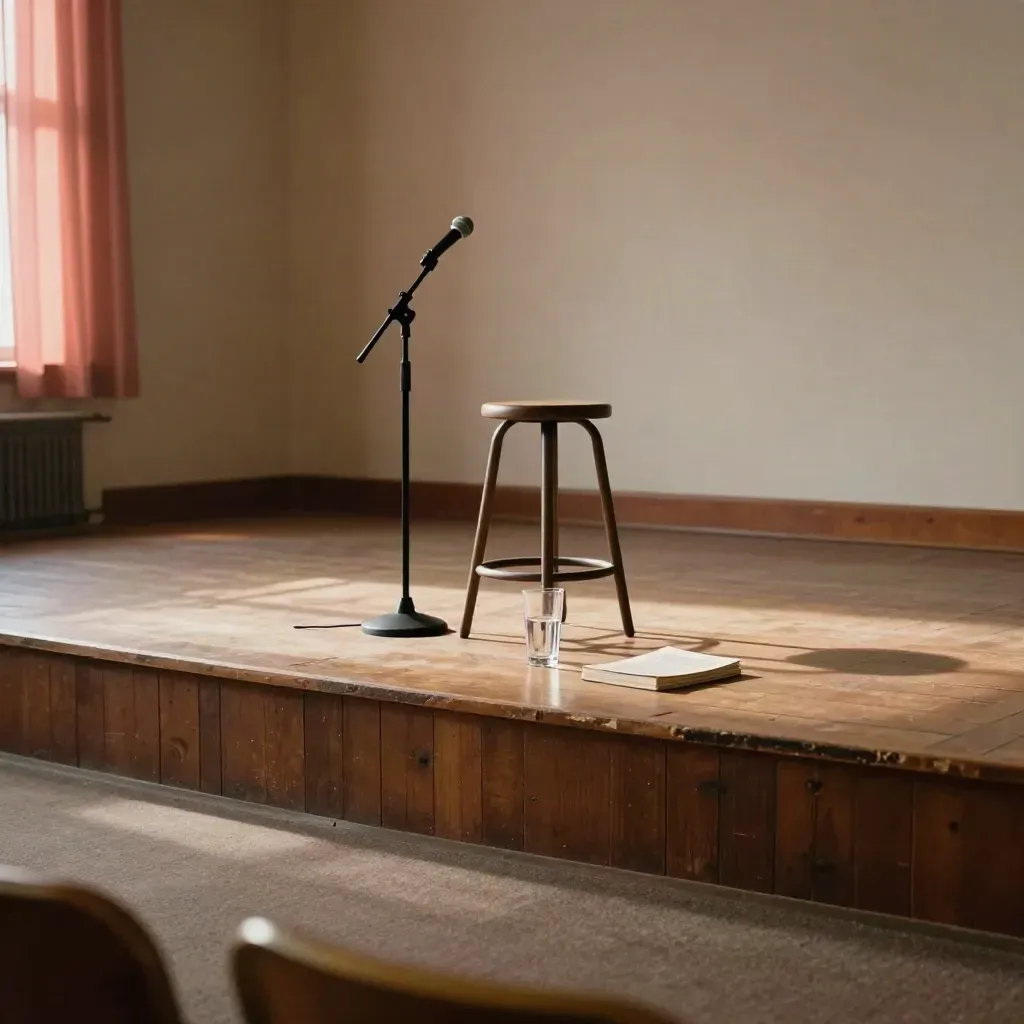 Empty community hall stage with mic, water glass, and chapbooks in warm late-afternoon light.