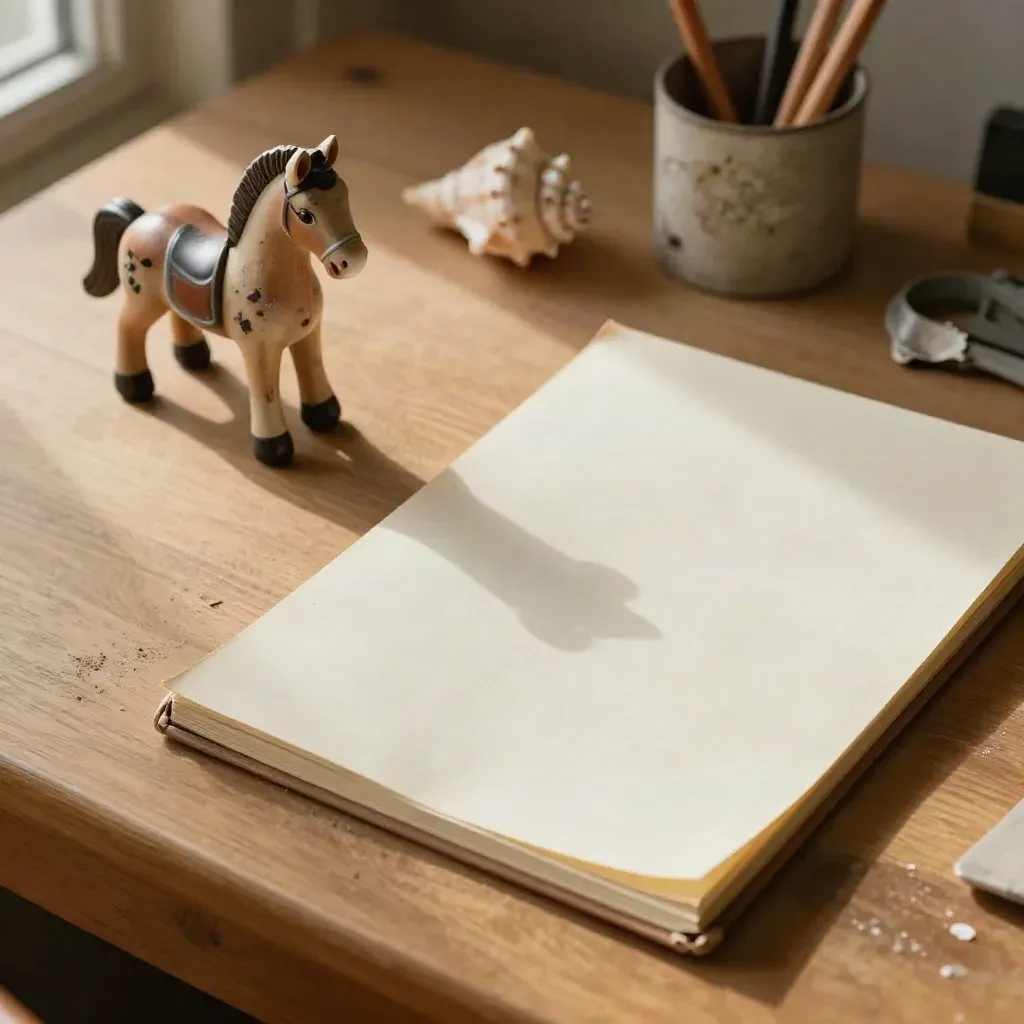 Childhood desk with toy horse, seashell, chipped cup, and page sliding from a notebook