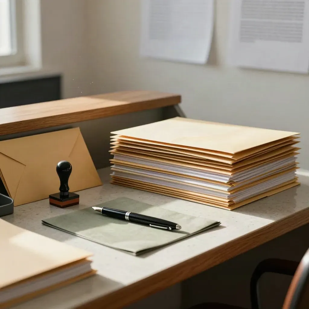 Submission desk with envelopes, stamp, pen, and manuscript folders in soft window light.