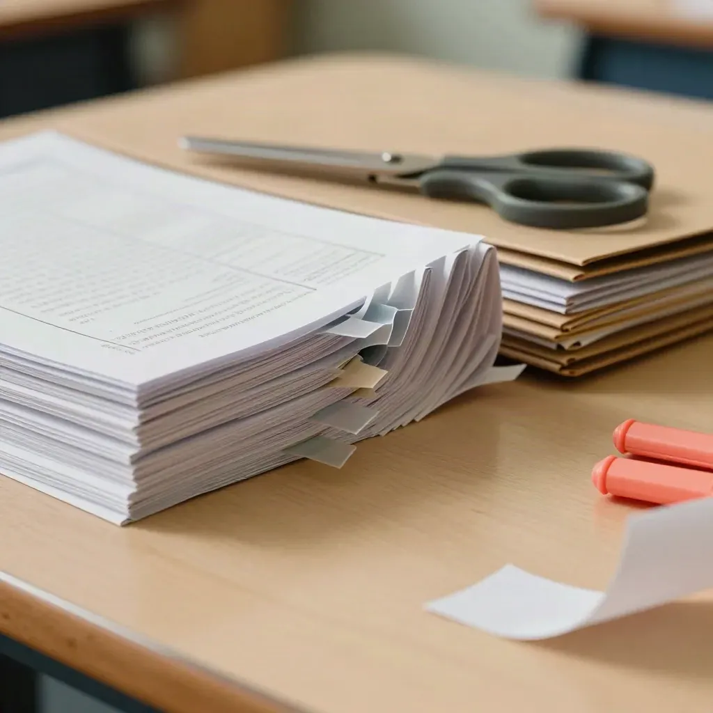 Macro view of classroom kit materials spread for packing on a pale wood table.