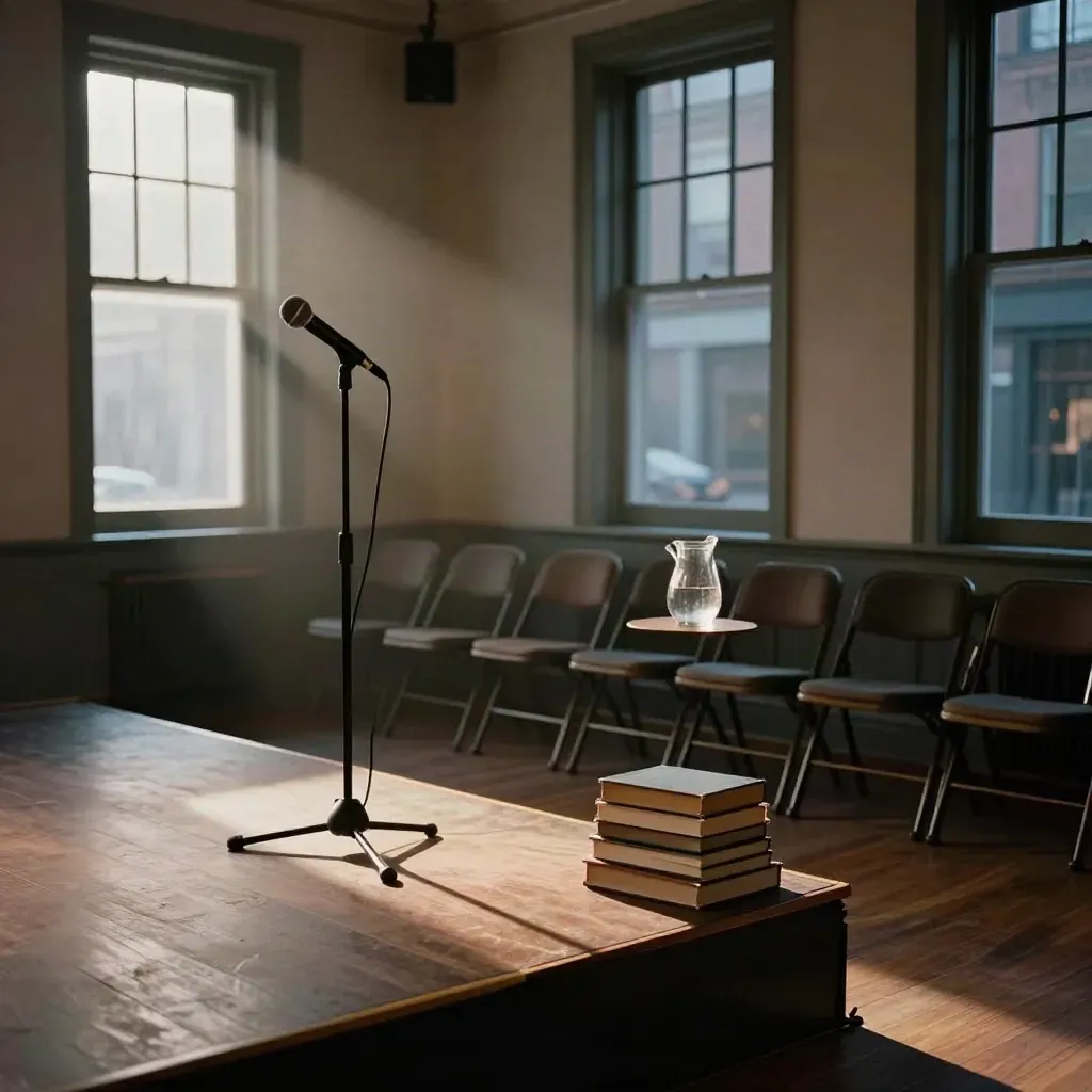 Reading-night stage setup with chairs, books, pitcher, and late sun through windows.