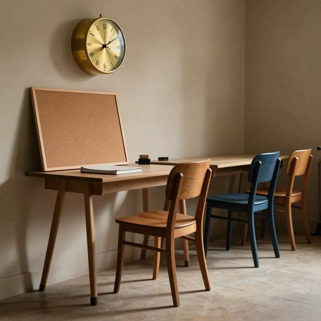 Empty workshop room with clock, cork board, notebook and chairs in moody light