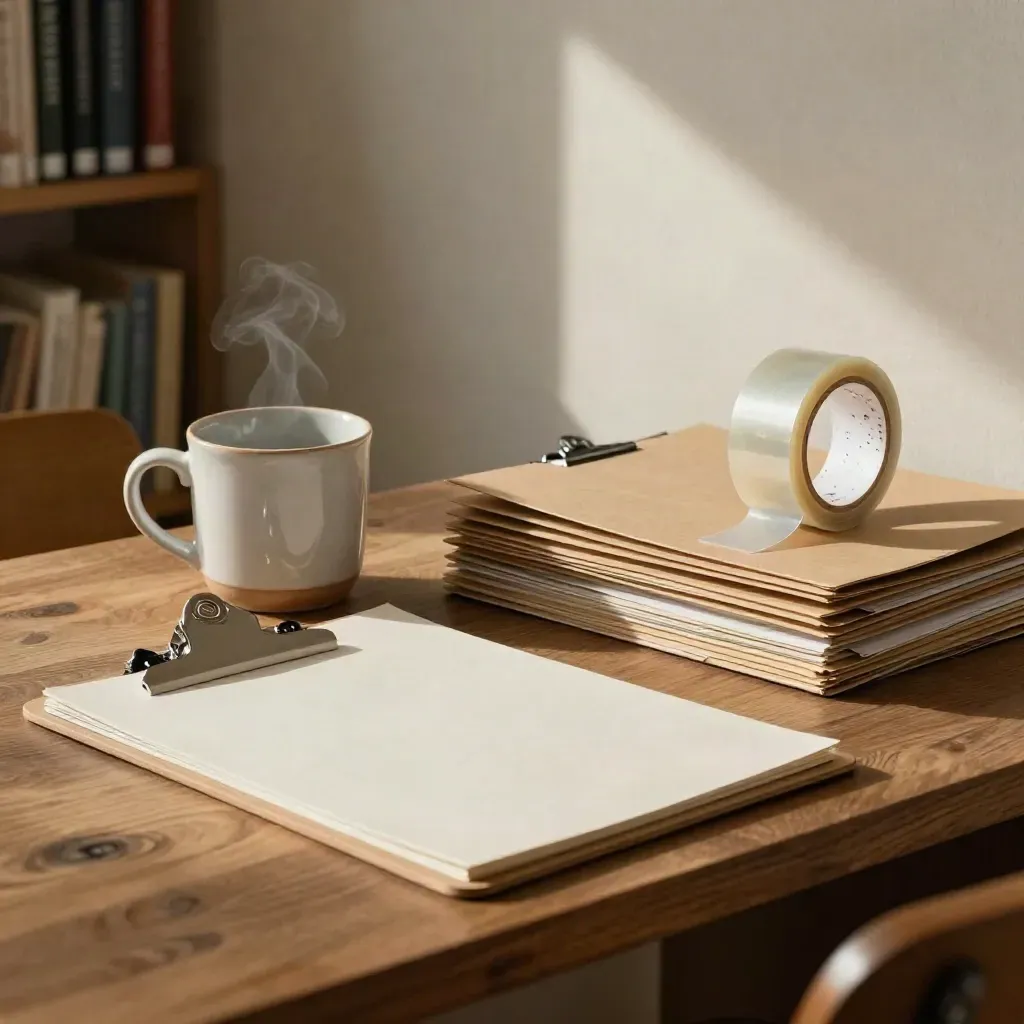 Volunteer desk with face-down clipboards, folders, a mug, and tape in soft afternoon light.