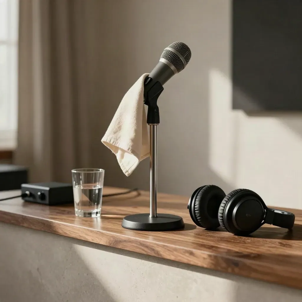Microphone, headphones, water glass, and draped cloth in a quiet poetry-reading setup.