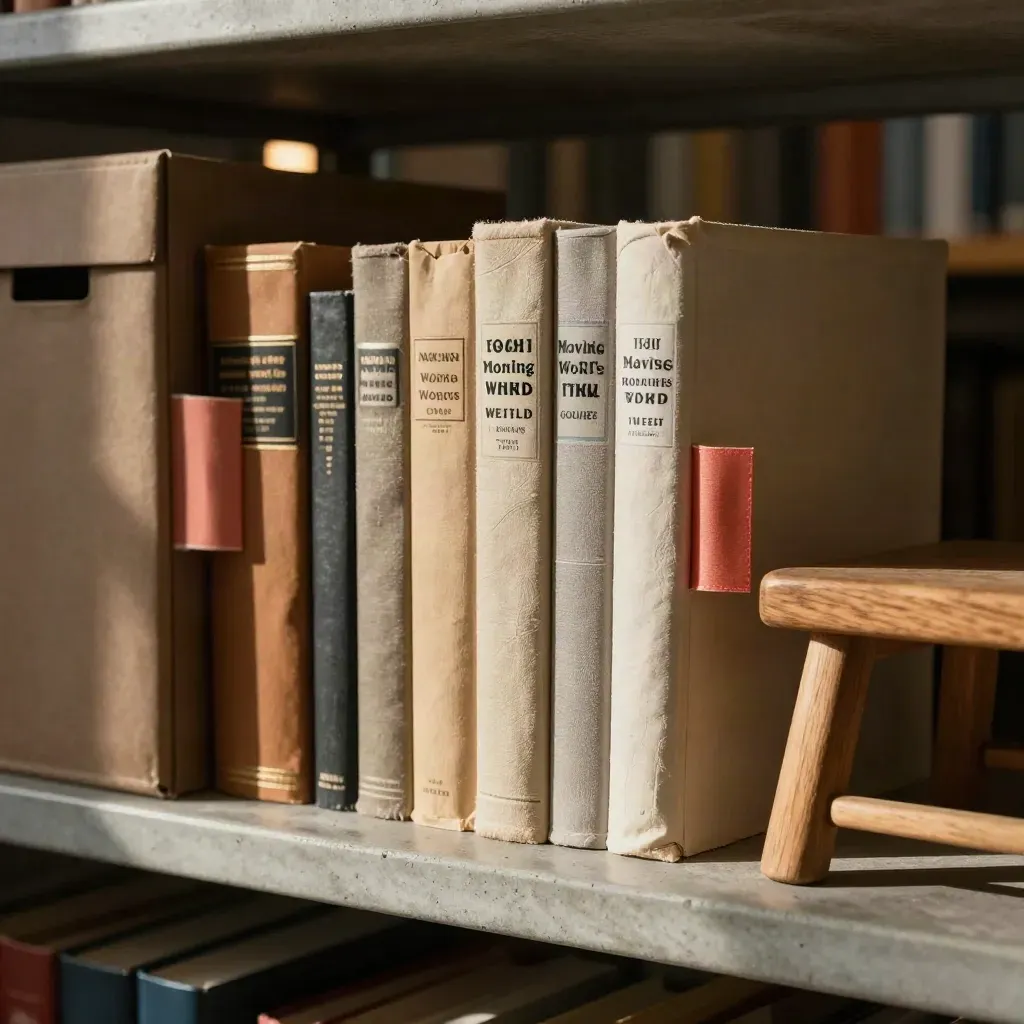 Low-angle archive shelf with journals, turned boxes, and a stool in warm afternoon light.