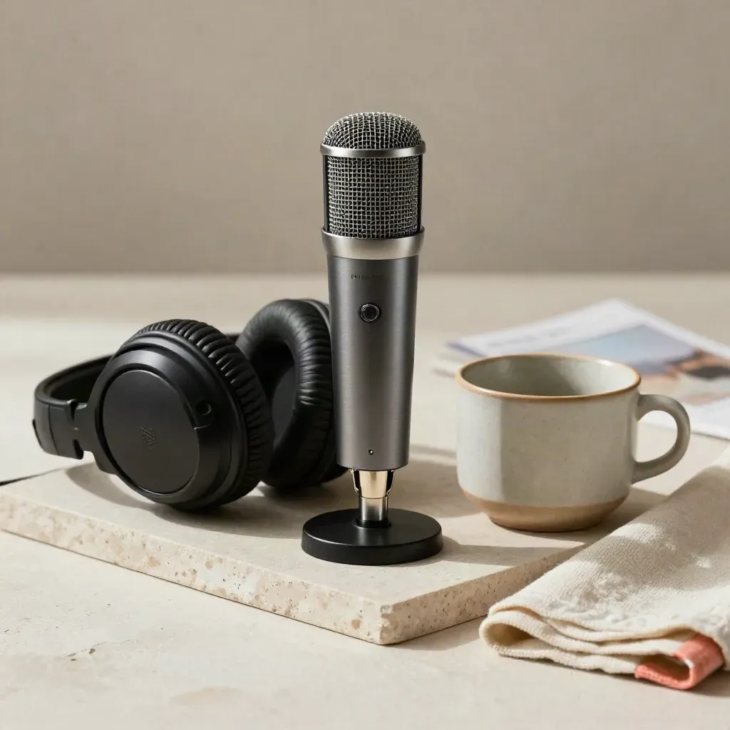 Podcast mic, headphones, and stoneware cup on a stone tray with a soft coral accent.