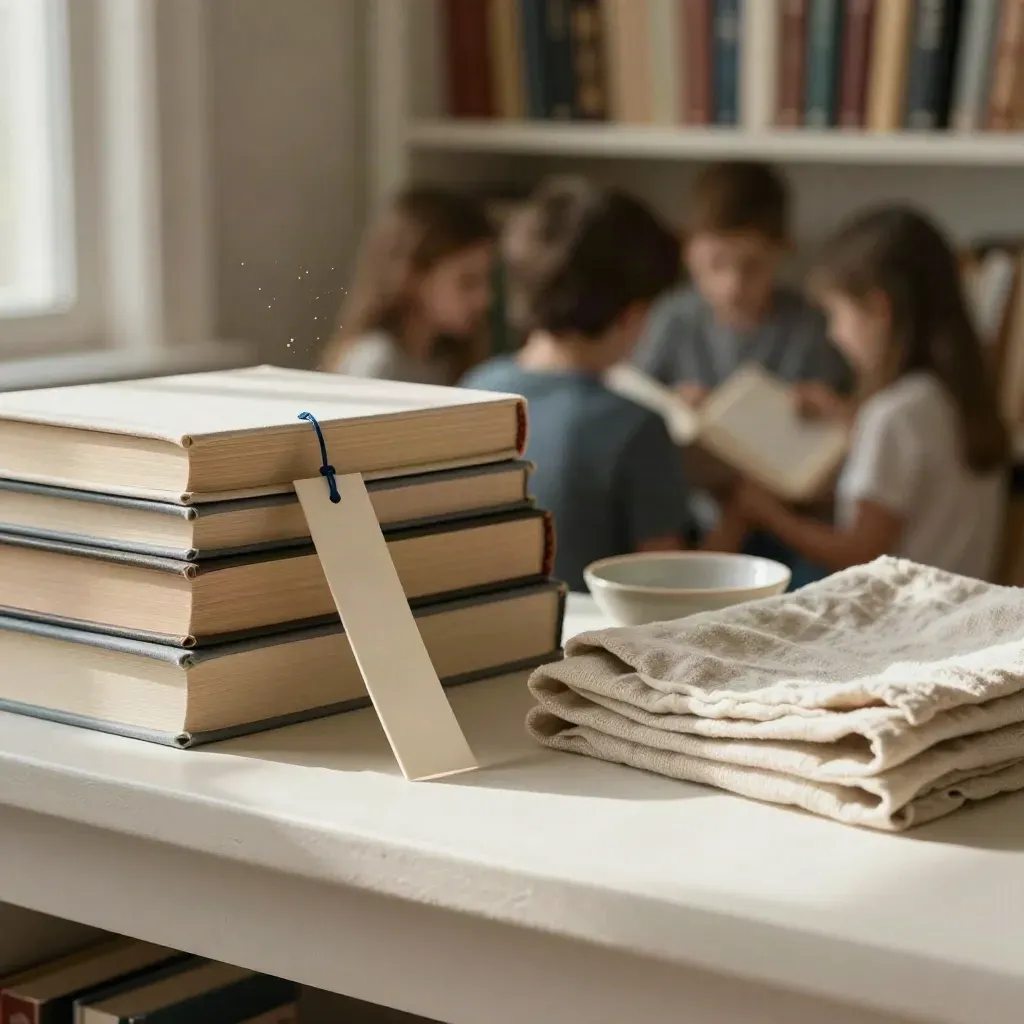 Literacy tools on a shelf: books, bookmark, and linen cloth in soft window light.