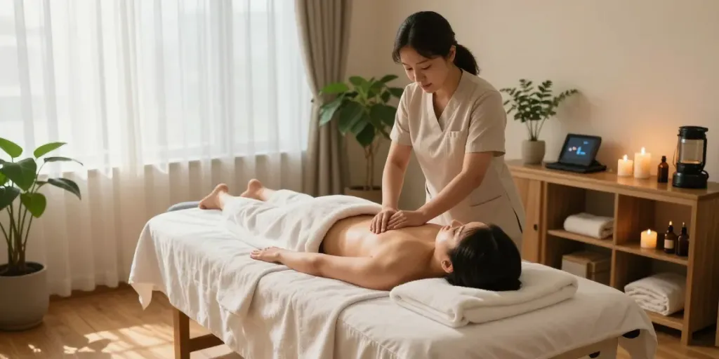 Professional 시흥출장안마 in a serene spa environment with calming ambiance.